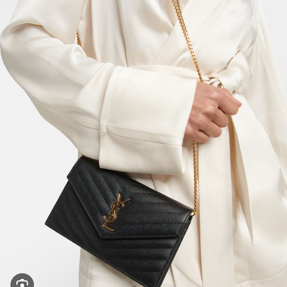 Yves Saint Laurent Black Quilted Wallet on a Chain with Gold Logo